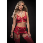 Laced Bra Garter Skirt Thong & Stockings O/s - Red - Lingerie Set