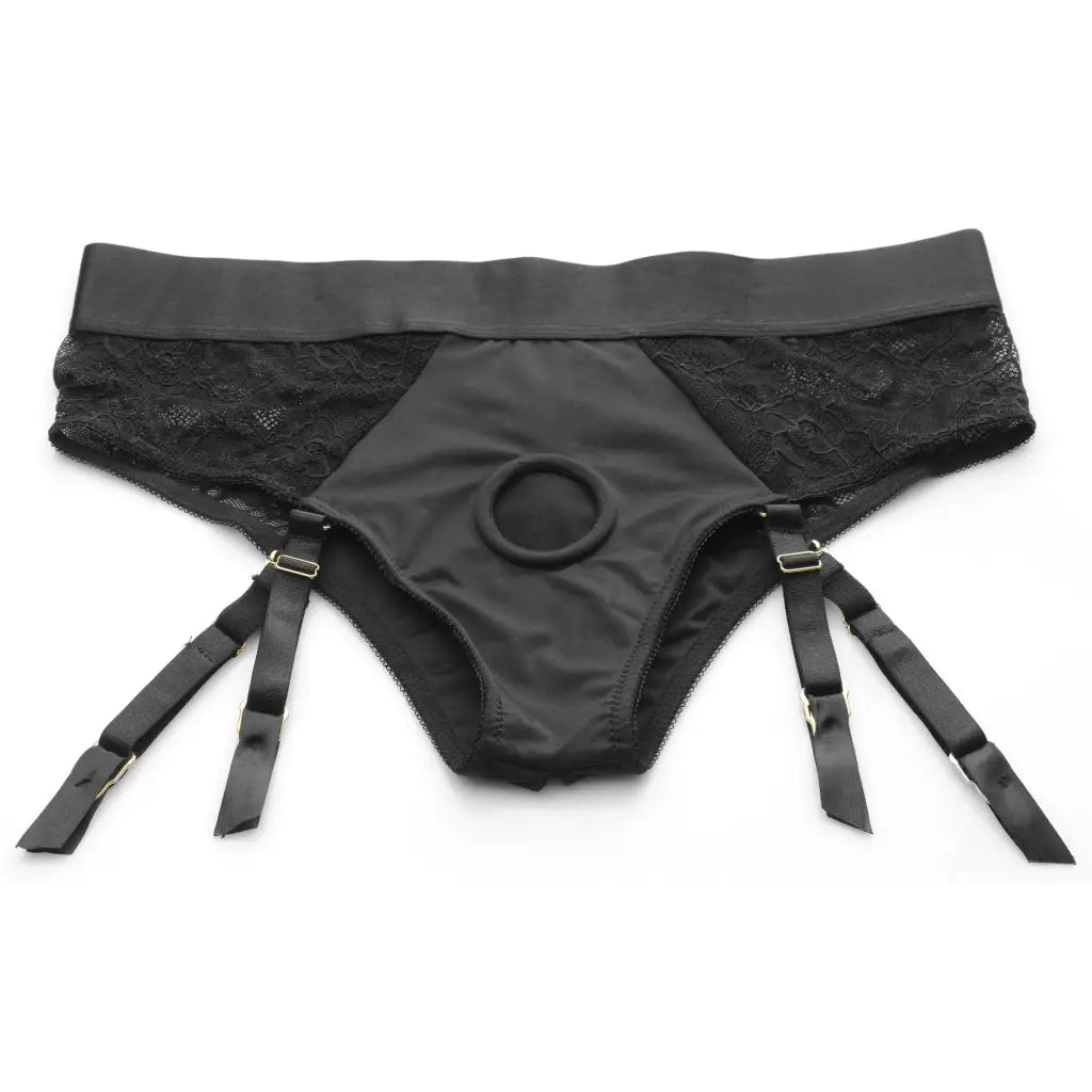 Laced Seductress Crotchless Panty Harness With Garter Straps - 2XL / 3XL / Black - Strap On Harness