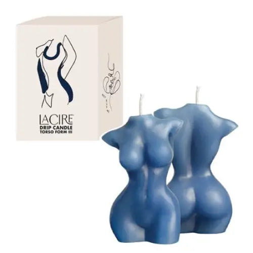 Blue candles shaped like stylized female torsos; LaCire Torso Form III Candle