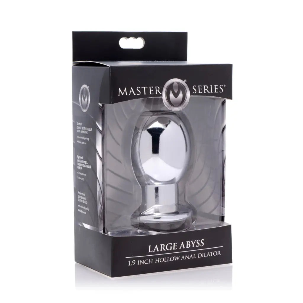 Large Abyss 1.9 Inch Hollow Anal Dilator with silver ball in box for enhanced comfort