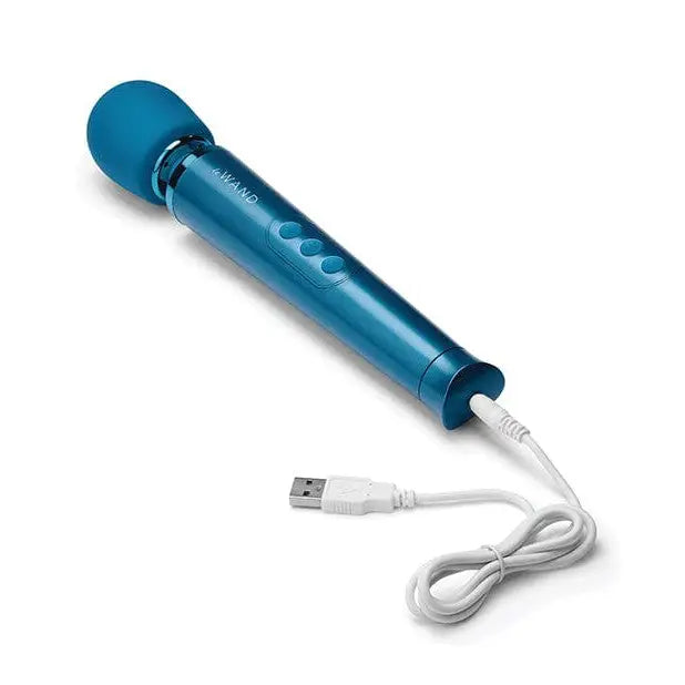 Blue Wand Petite Rechargeable Massager with cord from Le Wand displayed on table