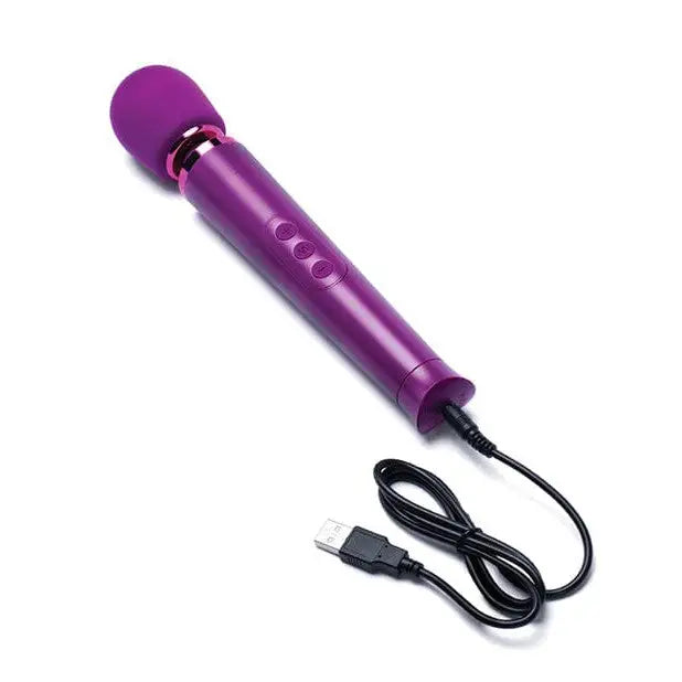 Purple microphone-shaped Le Wand Petite Rechargeable Massager with attached cord