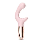 Pink and metallic Le Wand XO Double Motor Wave Rechargeable Vibrator with a curved shape