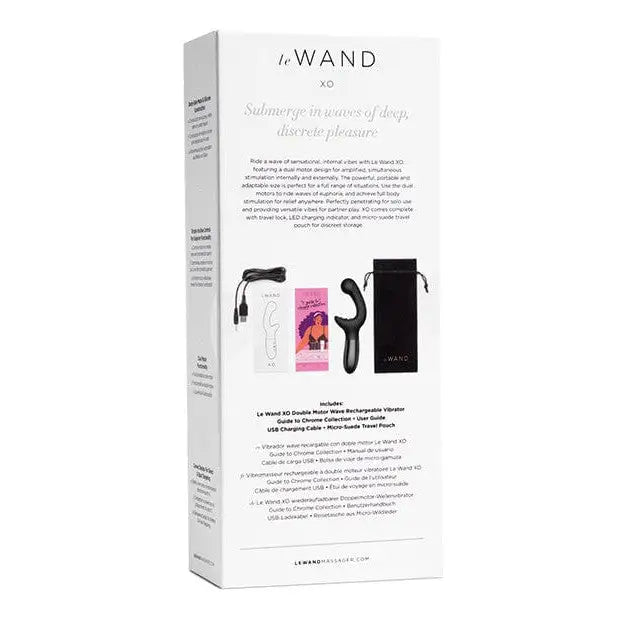 Le Wand XO Double Motor Wave Rechargeable Vibrator in package with device and accessories