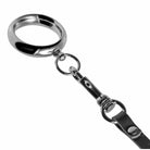 Leather premium penis leash with metal key ring and attached clip mechanism