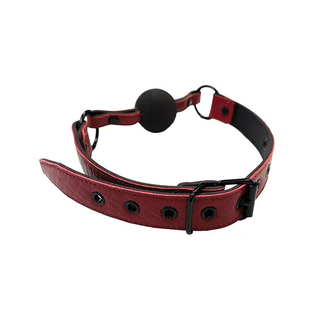 Leather Ball Gag with Black Rubber Ball-Burgundy - Ball Gag