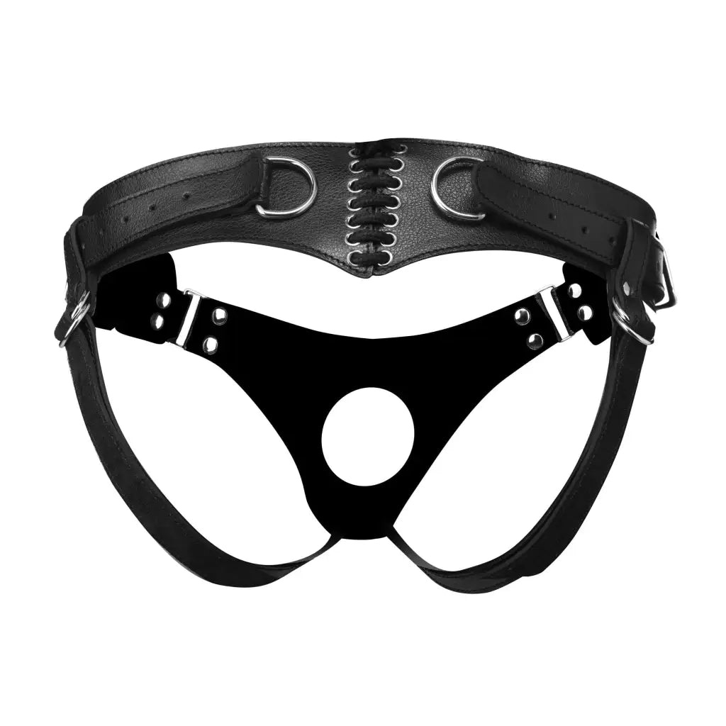 Black leather mask with metal buckle included in Leather Corset Back Strap On Dildo Harness