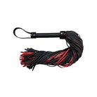 Leather long flogger with black and burgundy strands on a leather handle