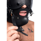 Leather head harness with mouth and nose openings, featuring a removable gag