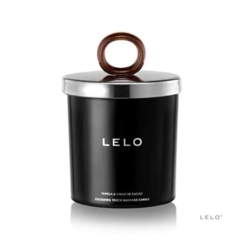 Black LELO Flickering Touch Massage Candle with wooden lid for a relaxing ambiance