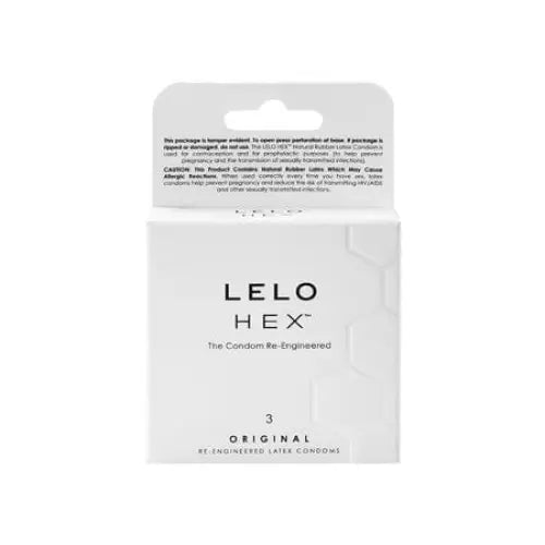 White box of LELO HEX Original Latex Condoms, showing sleek hex original packaging