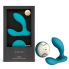 Teal-colored LELO HUGO remote control prostate massager with curved shape and remote