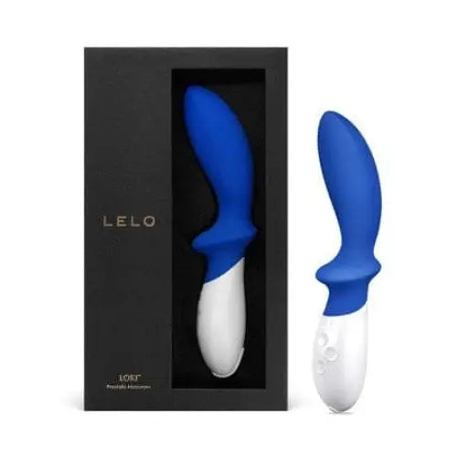 LELO LOKI rechargeable prostate massager in a box, showcasing its blue and white design