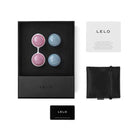 Set of pink and blue Lelo Luna Beads Mini in a black box with branded accessories