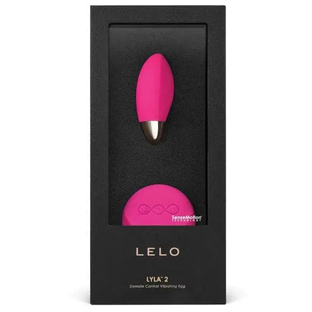 LELO LYLA 2 bullet massager with wireless remote in black box holding pink nail polish