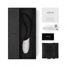 Black box containing LELO MONA Wave Curling G-Spot Vibrator with a white shoelace