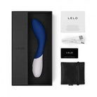 Blue and white shoe in black box next to LELO MONA Wave Curling G-Spot Vibrator