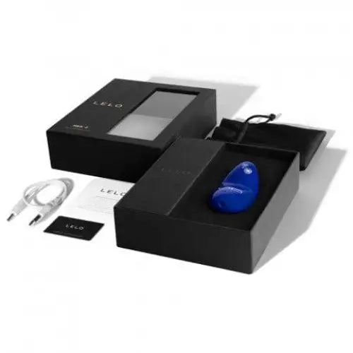 Black LELO NEA 2 box with blue and white rechargeable clitoral stimulators displayed