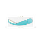 Blue bow tie in a white box with LELO SMART Wand 2, an all-over body massager