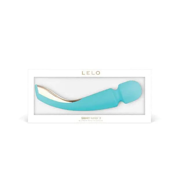 Blue bow tie in a white box with LELO SMART Wand 2, an all-over body massager