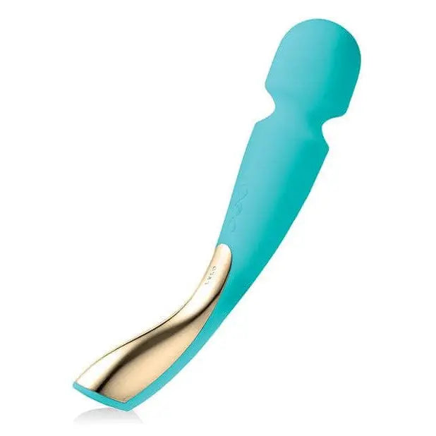 Gold and turquoise LELO SMART Wand 2 with steadier handle for all-over body massage