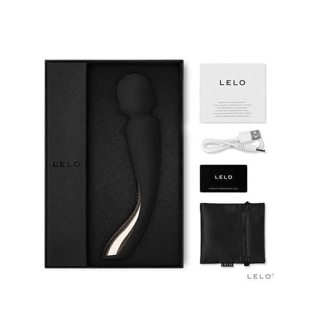 Black box with LELO Smart Wand 2 in a black leather wallet and case, compact massager