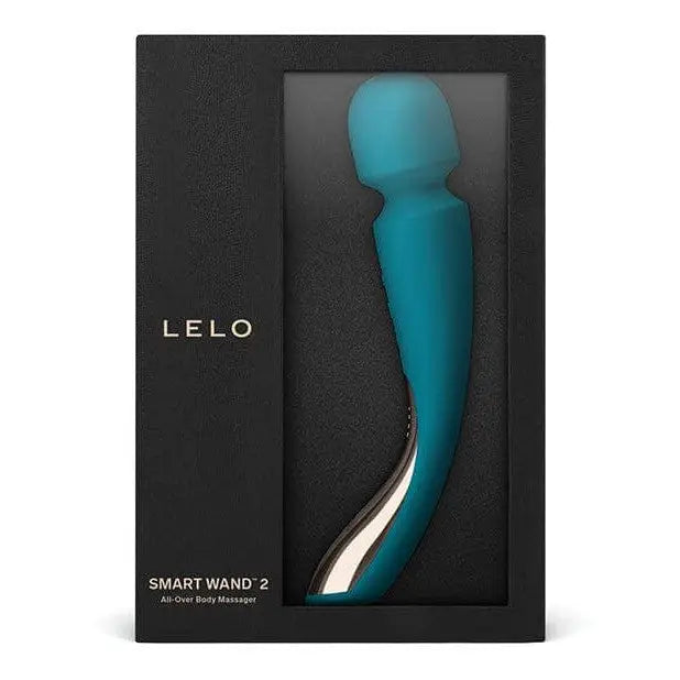 LELO SMART Wand 2 (Medium) compact massager in black box, blue and silver electric device