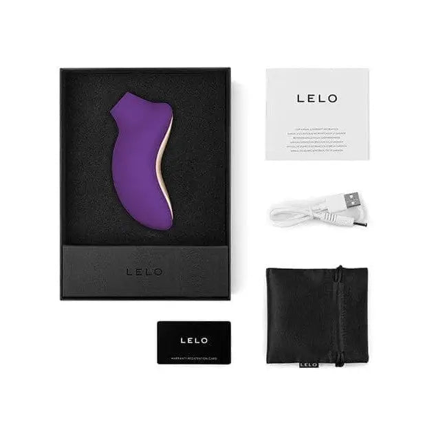 Purple shoe with white and purple shoelaces in black box, Lelo Sona 2 Cruise Sonic Stimulator