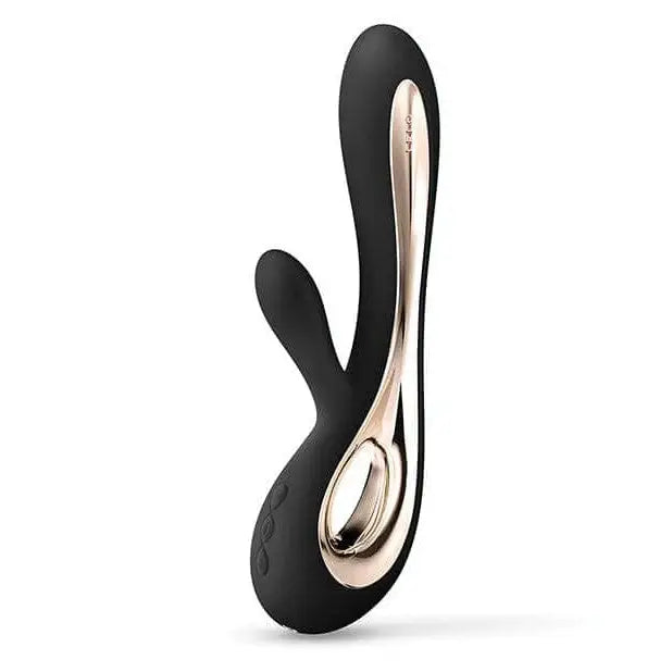 Close up of LELO Soraya 2 luxurious rabbit vibrator in black and gold with a spoon