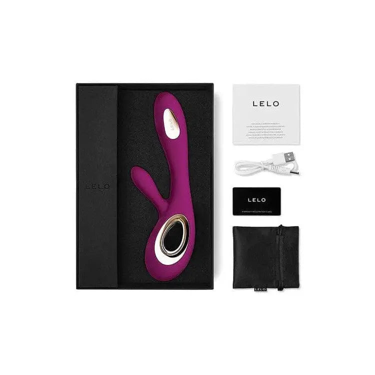 Close up of a LELO SORAYA WAVE luxurious rabbit vibrator in a black box