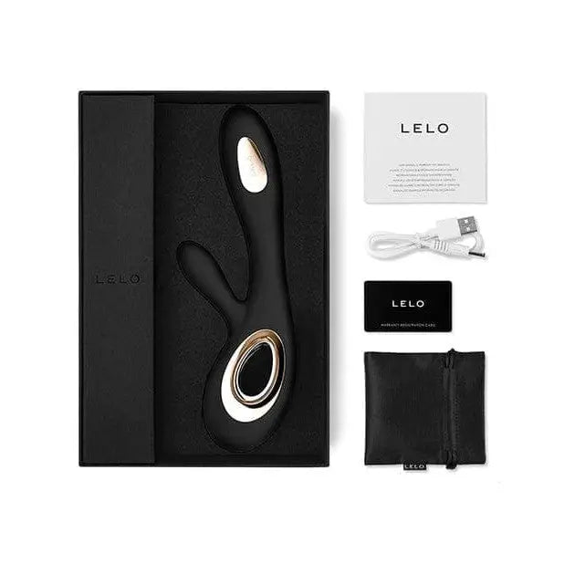 LELO SORAYA WAVE luxurious rabbit with LELO black leather case featuring a white and gold logo