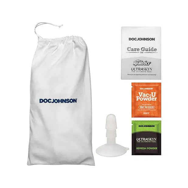 White drawstring storage bag with ‘DOC JOHNSON’ and products from Leolulu Signature Set