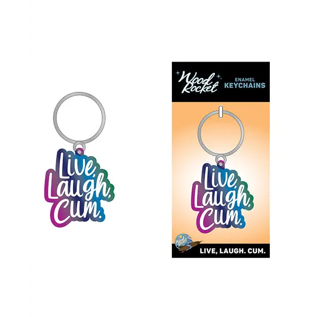 Close up of Wood Rocket Live Laugh Cum Keychain with ’Live Laugh’ charm