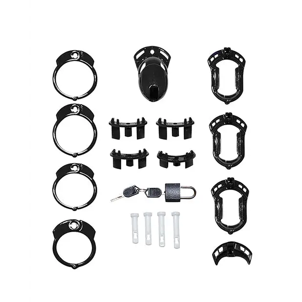 A set of black motorcycle parts displayed with the Locked In Lust The Vice Standard, inescapable chastity