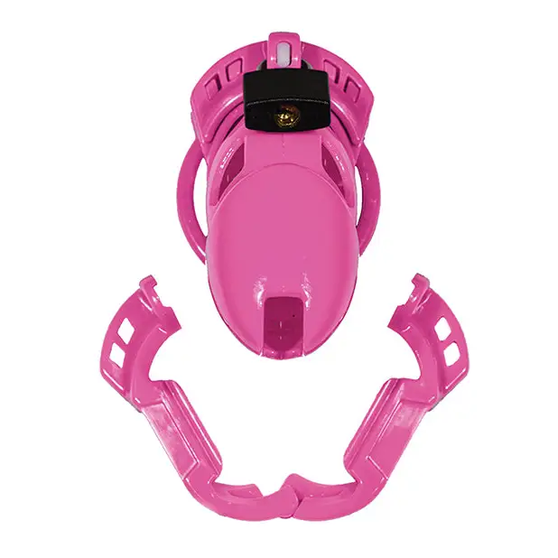 Pink helmet with black face and arms for Locked In Lust The Vice Standard - inescapable chastity