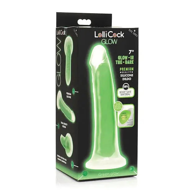 Glow-in-the-dark silicone dildo in green packaging, Lollicock Glow-in-the-Dark Dildo 7in