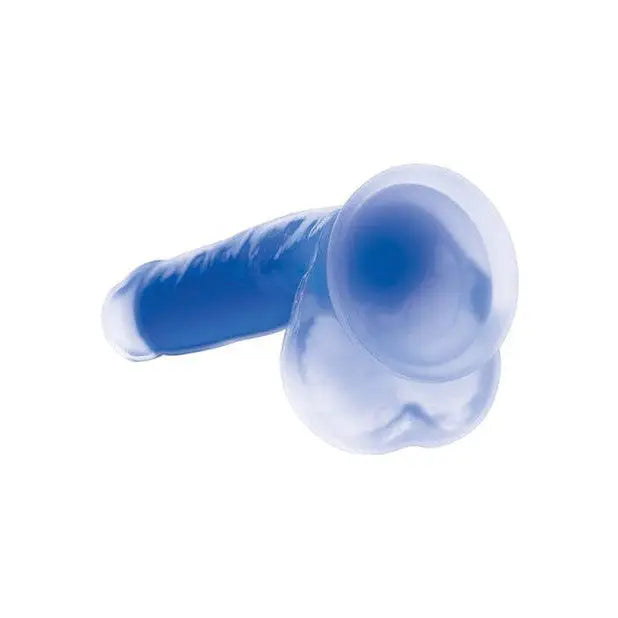 Blue and white silicone ear plug next to Lollicock Glow-in-the-Dark Silicone Dildo with Balls