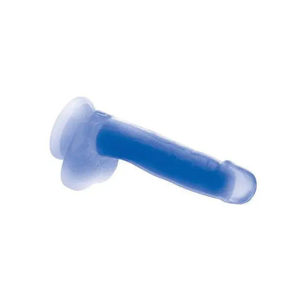 Blue and clear ear tube with Lollicock Glow-in-the-Dark Silicone Dildo 7in Blue in background