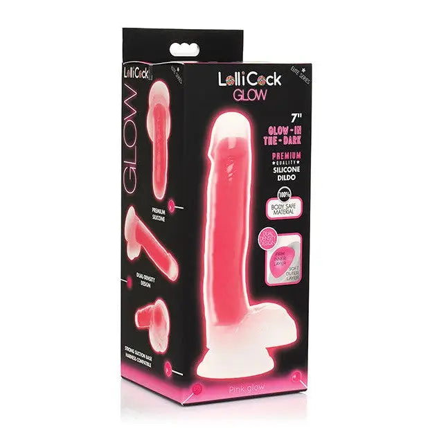 Lollicock Glow-in-the-Dark Silicone Dildo w/ Balls 7in Pink - Pink - Realistic Dildo