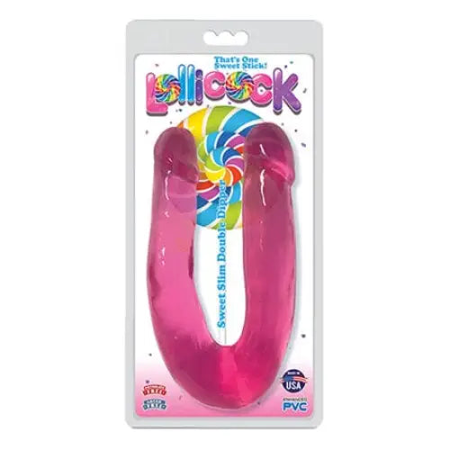 Pink U-shaped plastic toy in Lollicock Sweet Slim Double Dipper Cherry packaging