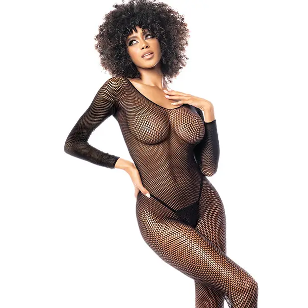 Long Sleeved All Over Fishnet Body Stocking Black - Bodystocking