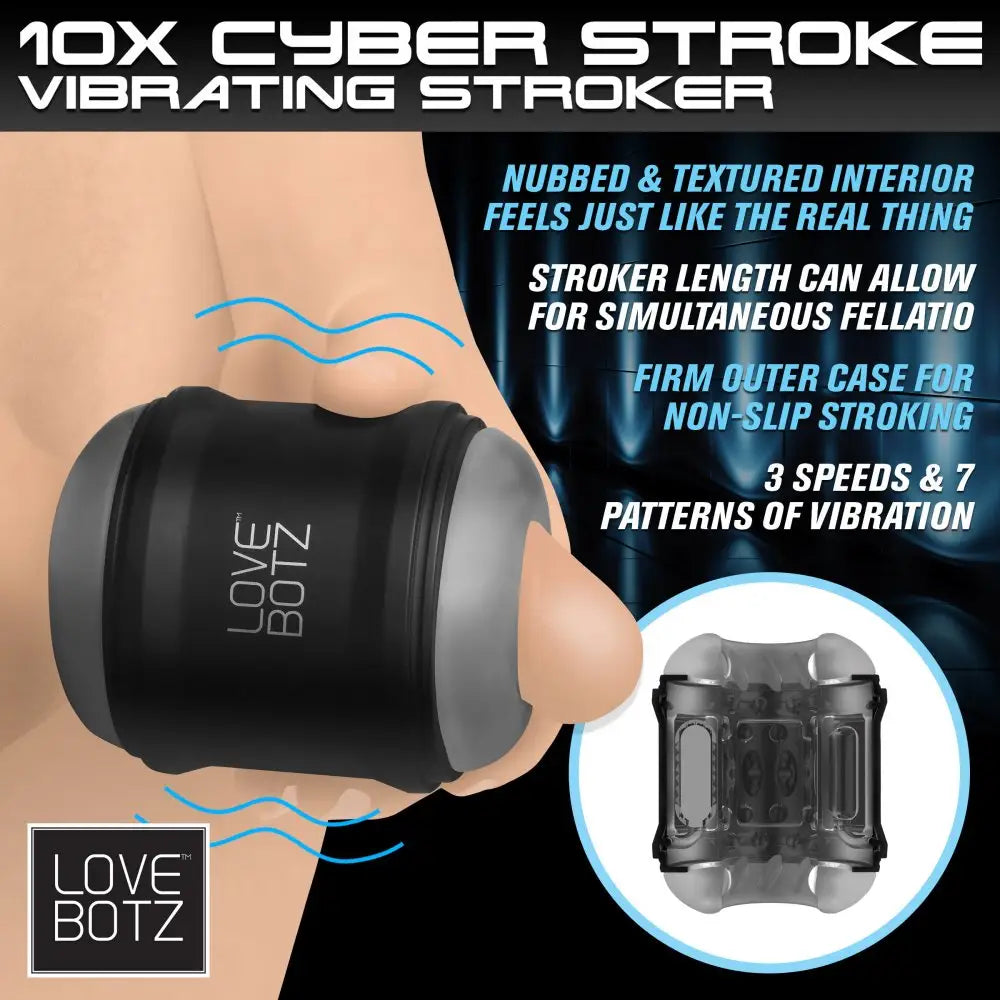 LoveBotz Mini Vibrating Double Stroker - 10X Cyber Stroke Vibrating Masturbator in black