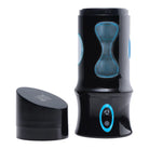 Sleek black LoveBotz Beat It rhythmic masturbator with blue illuminated hourglass shape