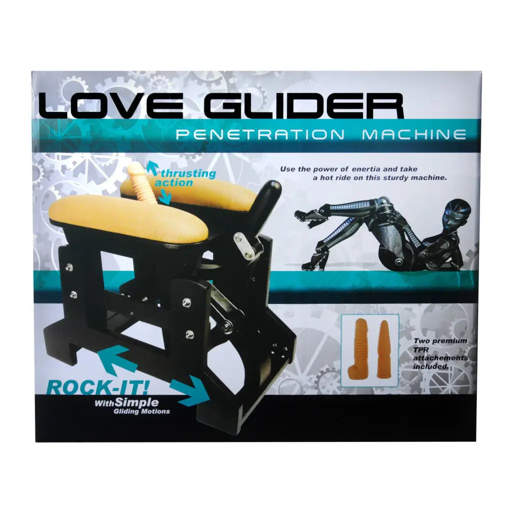 Close-up of the LoveBotz Love Glider Manual Rocker Sex Machine box with a detailed machine view