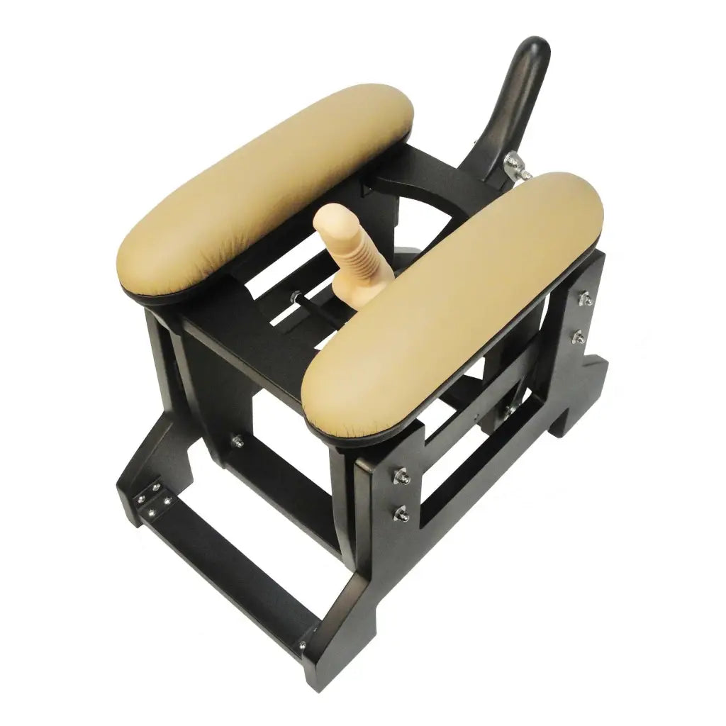 Love Glider Manual Rocker with black and tan leather seat and wooden handle