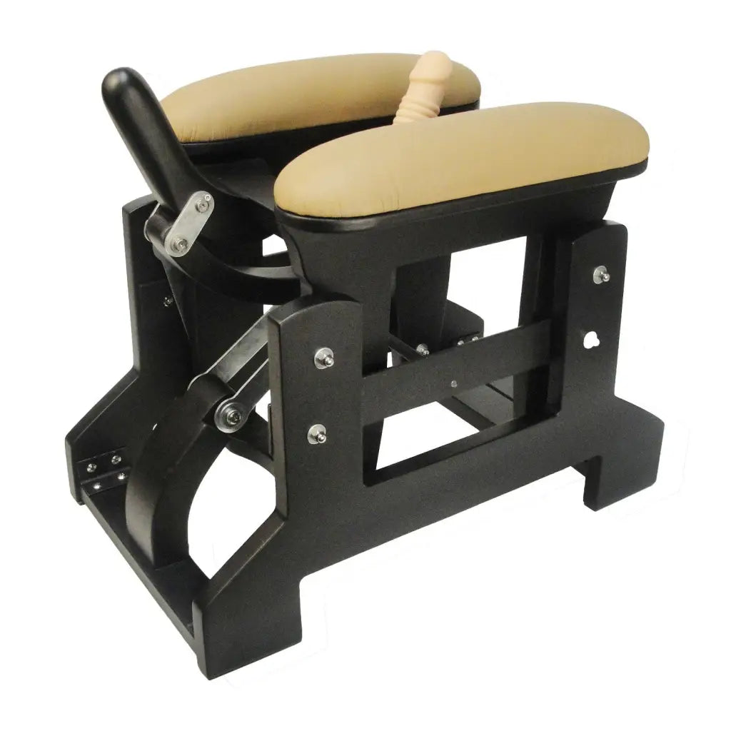 Black and tan leather seat with wooden handle on LoveBotz Love Glider Manual Rocker