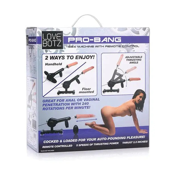 LoveBotz Pro-Bang sex machine with remote control and pump accessories in sleek packaging