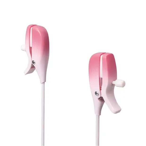 Pink ombré earbuds with clip-ons, part of Lovense Gemini Vibrating Nipple Clamps with App Control