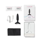 Close-up of Lovense Hush 2 teledildonic butt plug with remote control and black bag