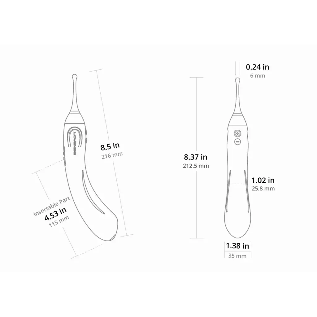 Lovense Hyphy Dual-End High-Frequency Vibrator with long handle and curved handle diagram